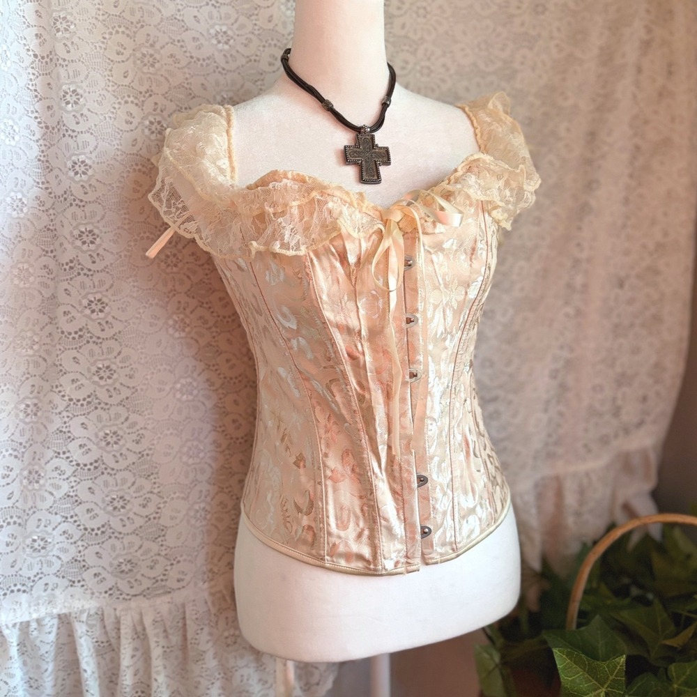 Champagne Floral Brocade Lace Corset Top Off Shoulder Coquette Aesthetic Medium